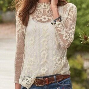 Sundance Dreamscape Lace Embroidered Mesh Long Sleeve Top
